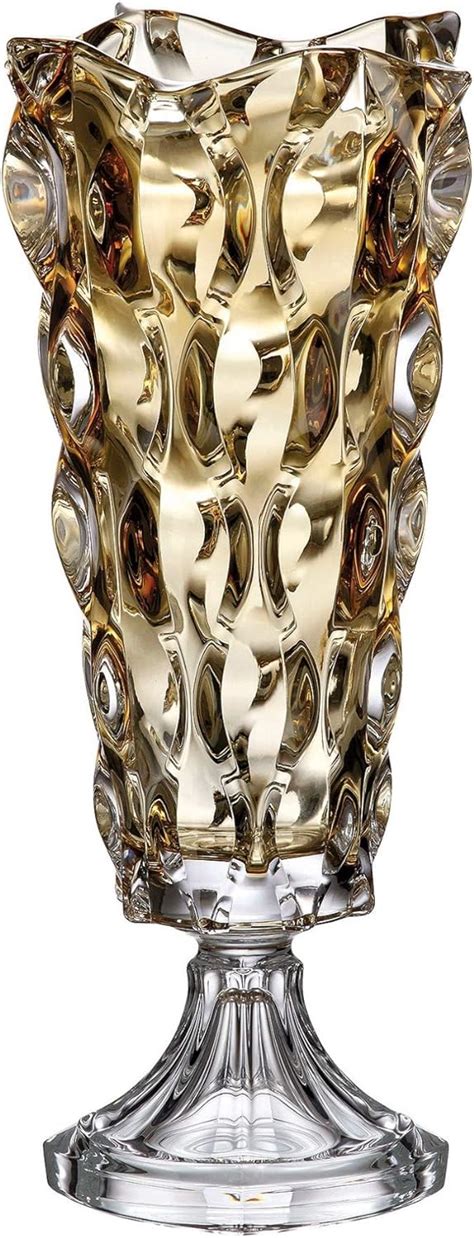 Czech Bohemian Crystal Glass Footed Vase 16 Height Amber Yellow Decorative T