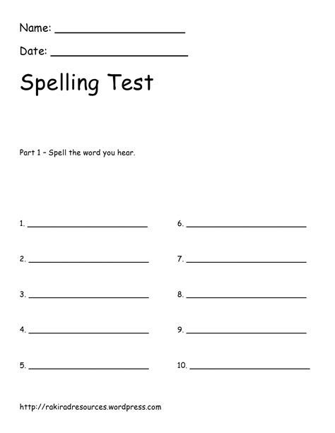 Spelling Test Template 10 Words
