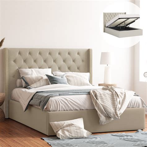 Giselle Gas Lift Storage Wing Bed Frame With Studs Tuscan Beige Fabri