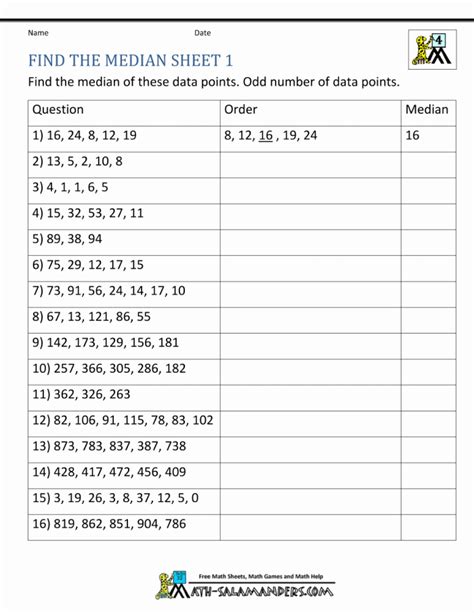 Find The Median Of A Set Of Numbers Worksheets