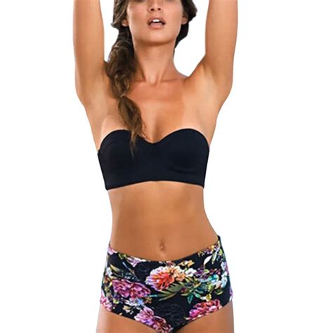 Buy 2019 Bandeau Bikini Set Strapless Bikini Top Floral Flowers Printed