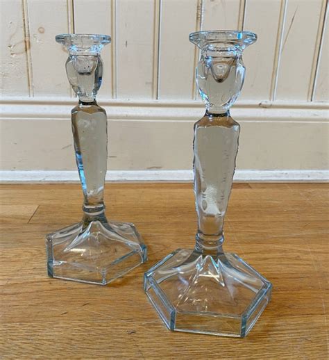 Vintage Clear Glass Candlesticks Etched Detail Fancy Table Etsy