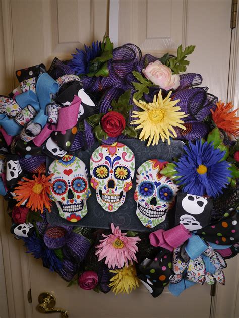 Dia De Los Muertos Sugar Skull Halloween Wreath For Front Door Etsy