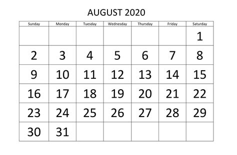 Free August 2020 Calendar Printable In Pdf Word And Excel