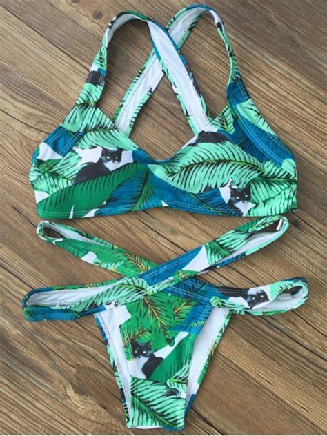 14 OFF 2021 Banded Leaf Printed Bikini Set In GREEN ZAFUL