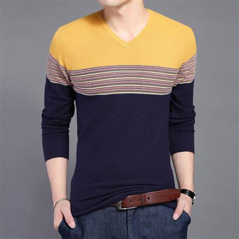 2016 New Autumn Fashion Brand Casual Sweater V Neck Striped Slim Fit