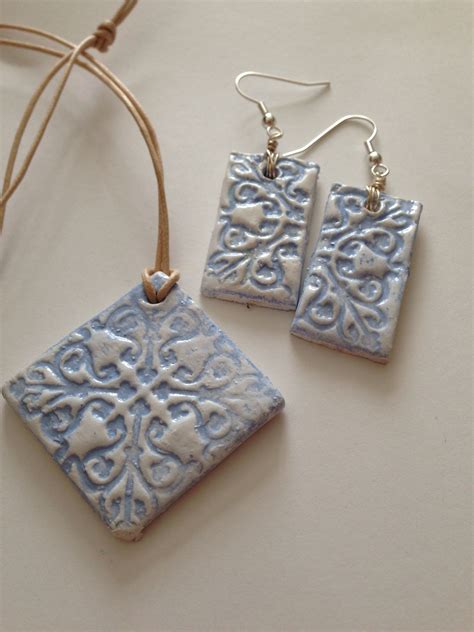 Earrings And Necklace Made With Air Dry Clay Stamped And Decorated With