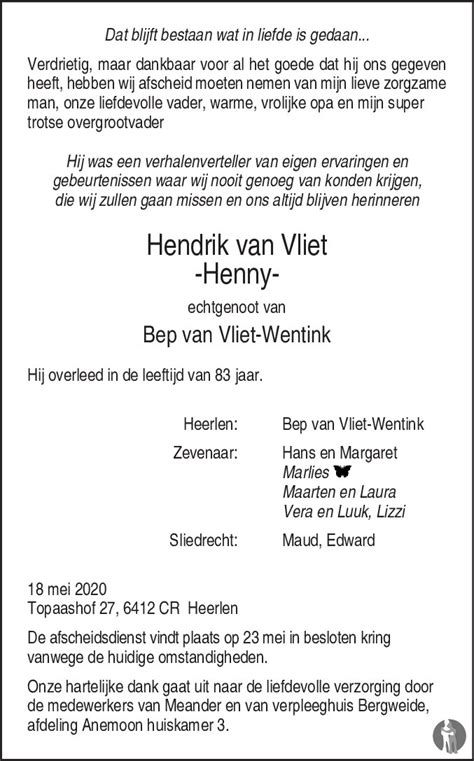 Hendrik Henny Van Vliet Overlijdensbericht En Condoleances