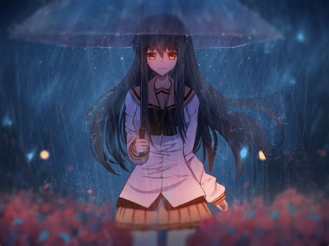 Desktop Wallpaper Anime Girl In Rain With Umbrella Art