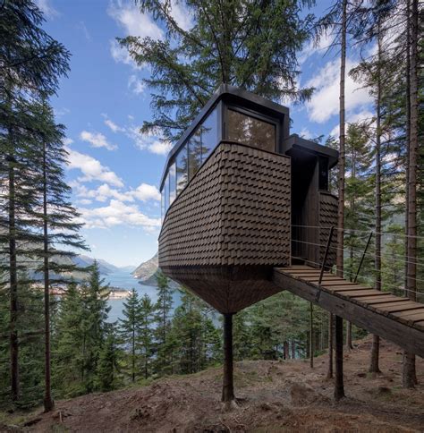 Helen And Hard Hangs Woodnest Treehouses From Pine Trees Above Norwegian