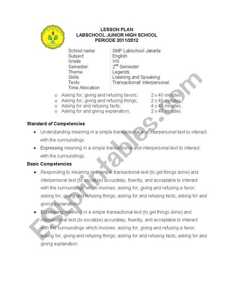 English Worksheets Lesson Plan Labschool Junior High School Periode