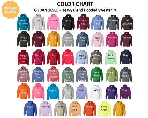 Gildan Size And Color Chart G All Colors Of Etsy