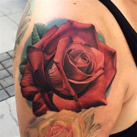 Realistic Red Rose Tattoo On The Right Shoulder