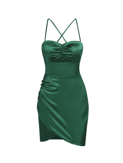 silky ruched tulip criss cross slip dress deep green trending dresses latest dress trends