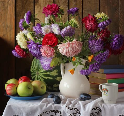 Still Life With Autumn Bouquet Of Garden Flowers Stock Photo Image