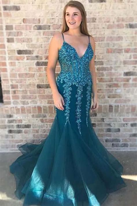 Sexy Mermaid Spaghetti Straps Turquoise Prom Dresses With Appliques Sequins Mermaid Prom