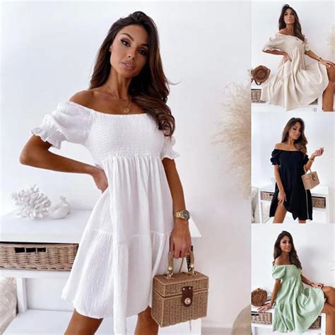 cheap sexy slash neck dress women summer pleated puff sleeve backless party beach dresses ladies