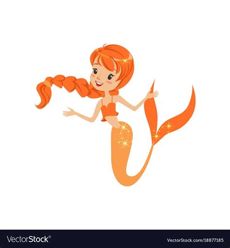 Colorful Illustration Of Cute Red Haired Mermaid Cartoon Girl