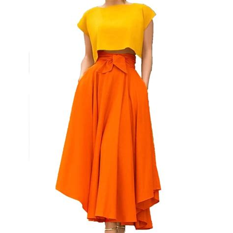 mersariphy women solid color high waist flared big swing long skirt