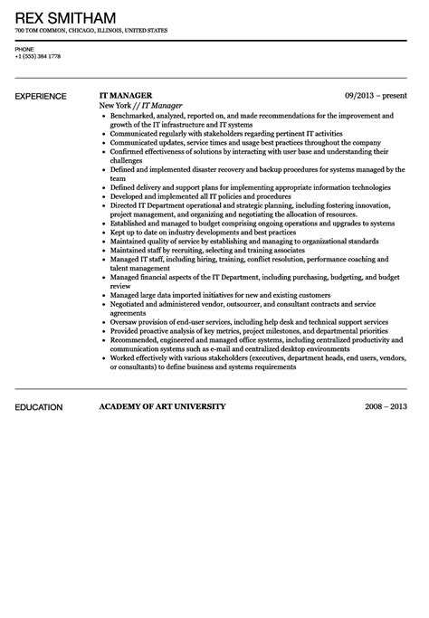 The contents of your consultant resume are directly affected by your previous work experience, education, skills, and future career aspirations. IT Manager Resume Sample | Velvet Jobs