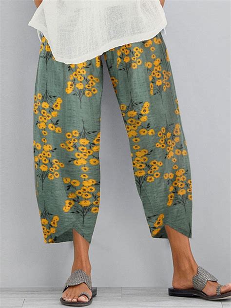 Womens Floral Print Casual Pants With Elastic Waist And Side Pockets