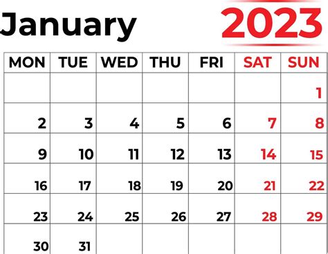 January 2023 Monthly Calendar With Very Clean Look Week Starts From