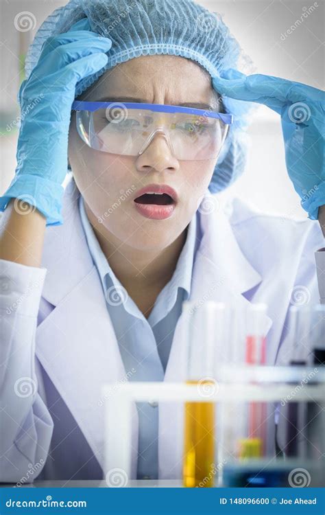 Asian Young Girl Student Scientist Feeling Sad Researching And Learning