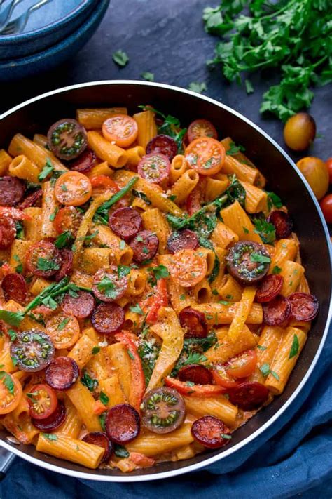 Probably my most popular dish on the treyvaud travels series. One Pot Creamy Tomato and Chorizo Rigatoni with mozzarella and parmesan - a quick and easy mid ...