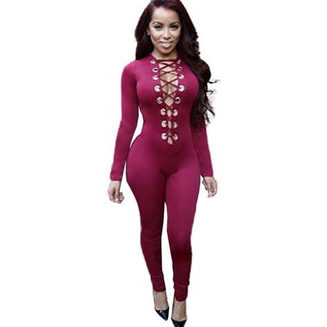 Sexy Deep V Neck Metal Ring Lace Up Jumpsuit Romper Women Party