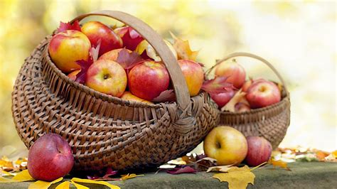 🥇 Apples Autumn Baskets Fallen Leaves Fruits Wallpaper