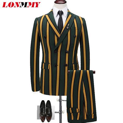 Lonmmy Mens Blazer Jacket Strips Thicken Double Breasted Suit Three