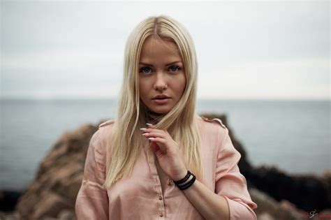 women blonde sea pierced nose portrait depth of field women outdoors alicja sedzielewska polish
