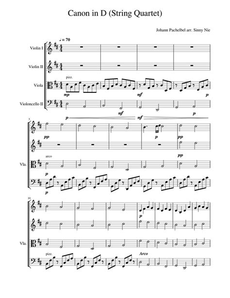 Canon In D String Quartet Sheet Music For Violin Viola Cello