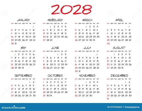 Monthly Calendar Template For 2028 Year Simple Calendar Design