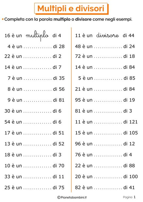 Ciao bisogna completare le equivalenze: Esercizi su Multipli e Divisori per la Scuola Primaria ...