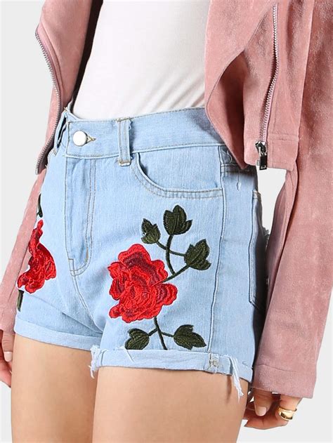 rose embroidered denim high waist shorts denim shein sheinside