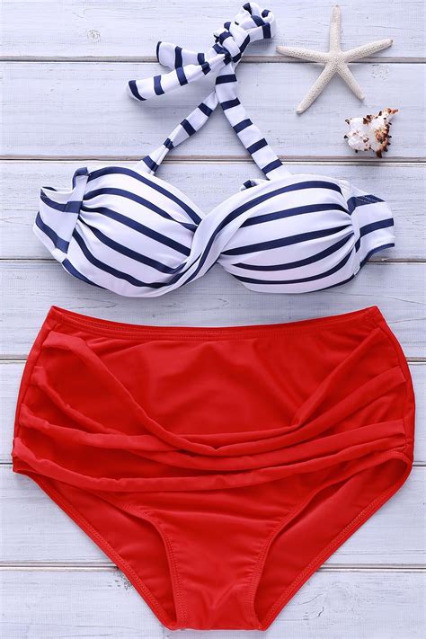 [37 Off] Retro Style Halterneck High Waisted Striped Bikini Set For Women Rosegal