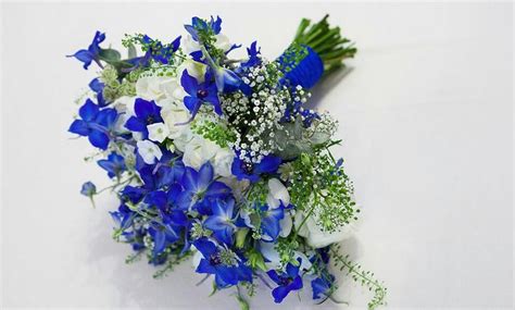 Blue And White Bridal Bouquet Featuring Blue Delphinium White Hydrangea