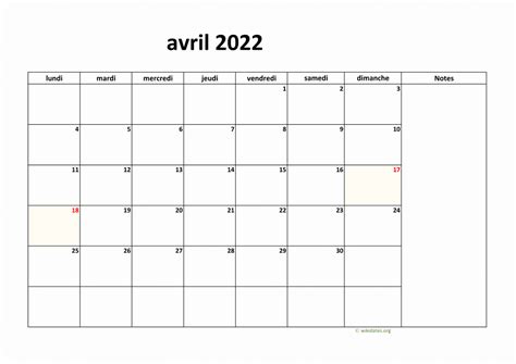 Calendrier Avril 2022