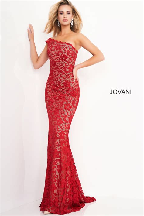 Jovani 02169 Red Lace Sheath Long Prom Dress