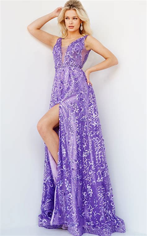 Jovani 08422 Purple Plunging Neckline Sleeveless Prom Dress