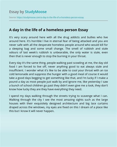 ➥homelessness paper homelessness is defined as an individual who lacks a fixed regular and adequate nighttime residence, (burt, 1989, p. A day in the life of a homeless person Free Essay Example