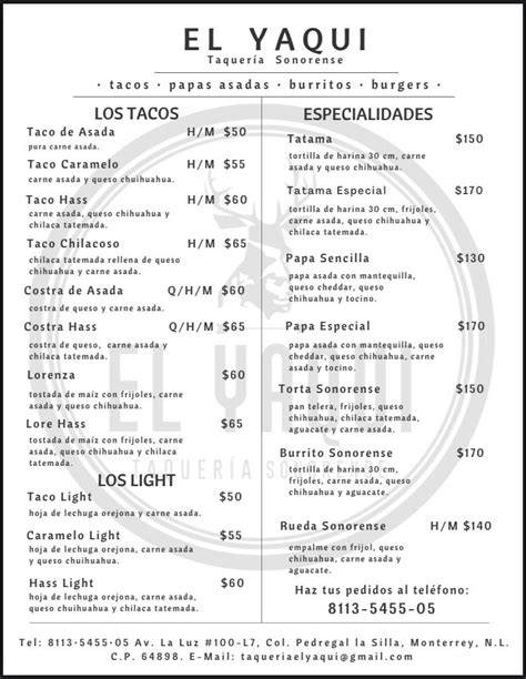 Carta Del Restaurante El Yaqui Taquería Sonorense Monterrey