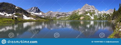Wide Panoramic Landscape Scenic Blue Alpine Lake Mountain Peak