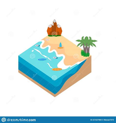 2 5d sandy beach landscape concept vector illustration sandy beach vector with surfboard and