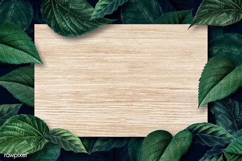 Download Premium Psd Of Blank Wooden Board On A Metallic Green Leaves