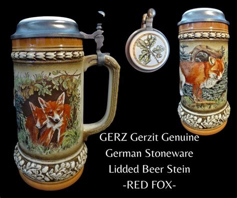 Vintage Gerz Gerzit Genuine German Stoneware Lidded Beer Stein Red Fox Gerz Beer Steins