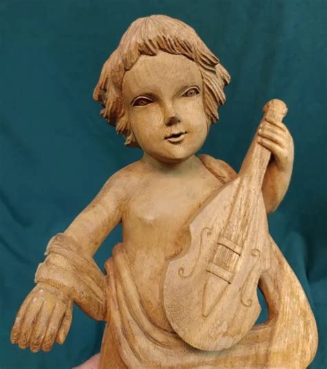 Vintage Hand Carved Wooden Angel Musician Figure Statue Cherub Putto