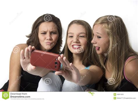 Playful Young Teenager Girls Doing A Group Selfie Stock Image Image