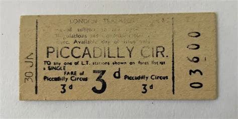 Vintage London Underground Ticket Piccadilly Circus 1950s Pre Decimal